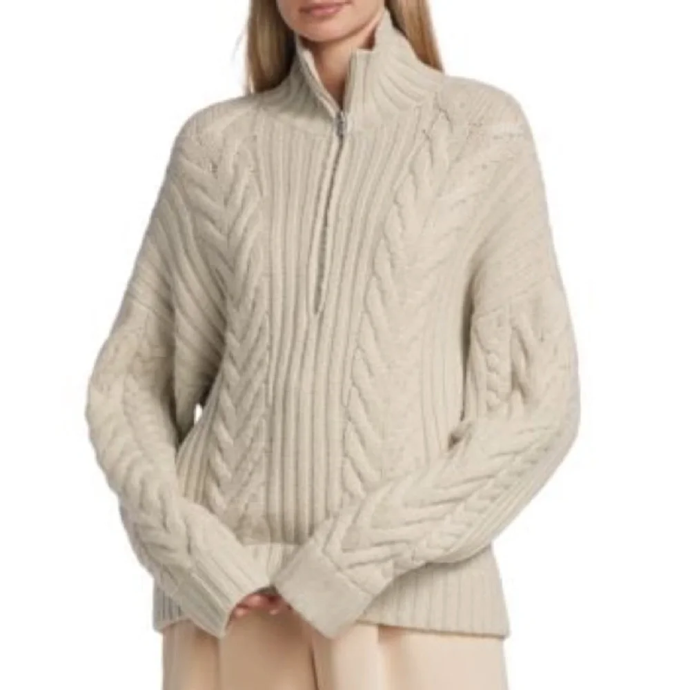 SOLD NAADAM Wool-Cashmere Open-Back Cable Quarter-Zip Taupe Linen Sweater NEW - Picture 1 of 10